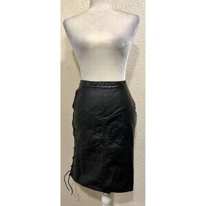Steerbrand Vtg 80s Black Leather Mid Biker Goth Corset Tie Skirt